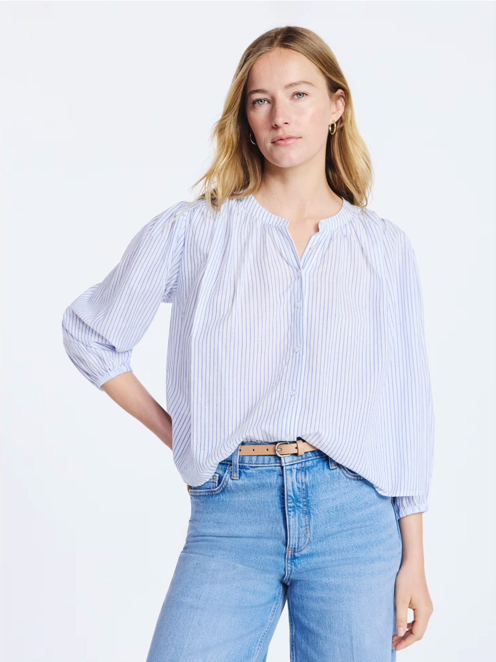Free Assembly Women’s Shirred Cotton Button Down Blouse L White Blue Stripe